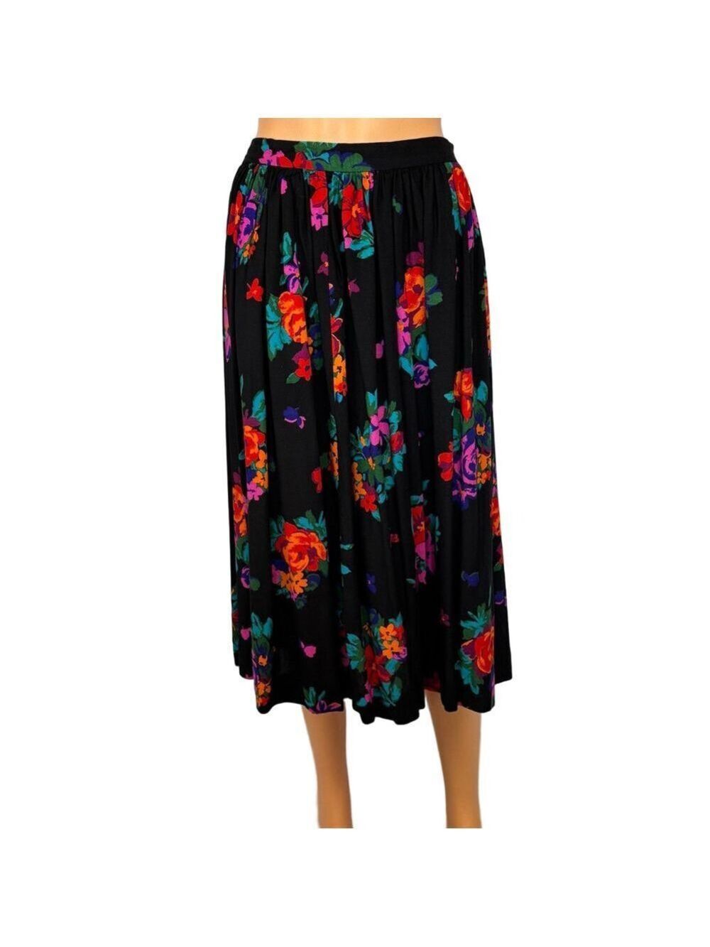 Vintage Floral Skirt Peasant Midi Black Multicolor Women's 12 Leslie Lucks M